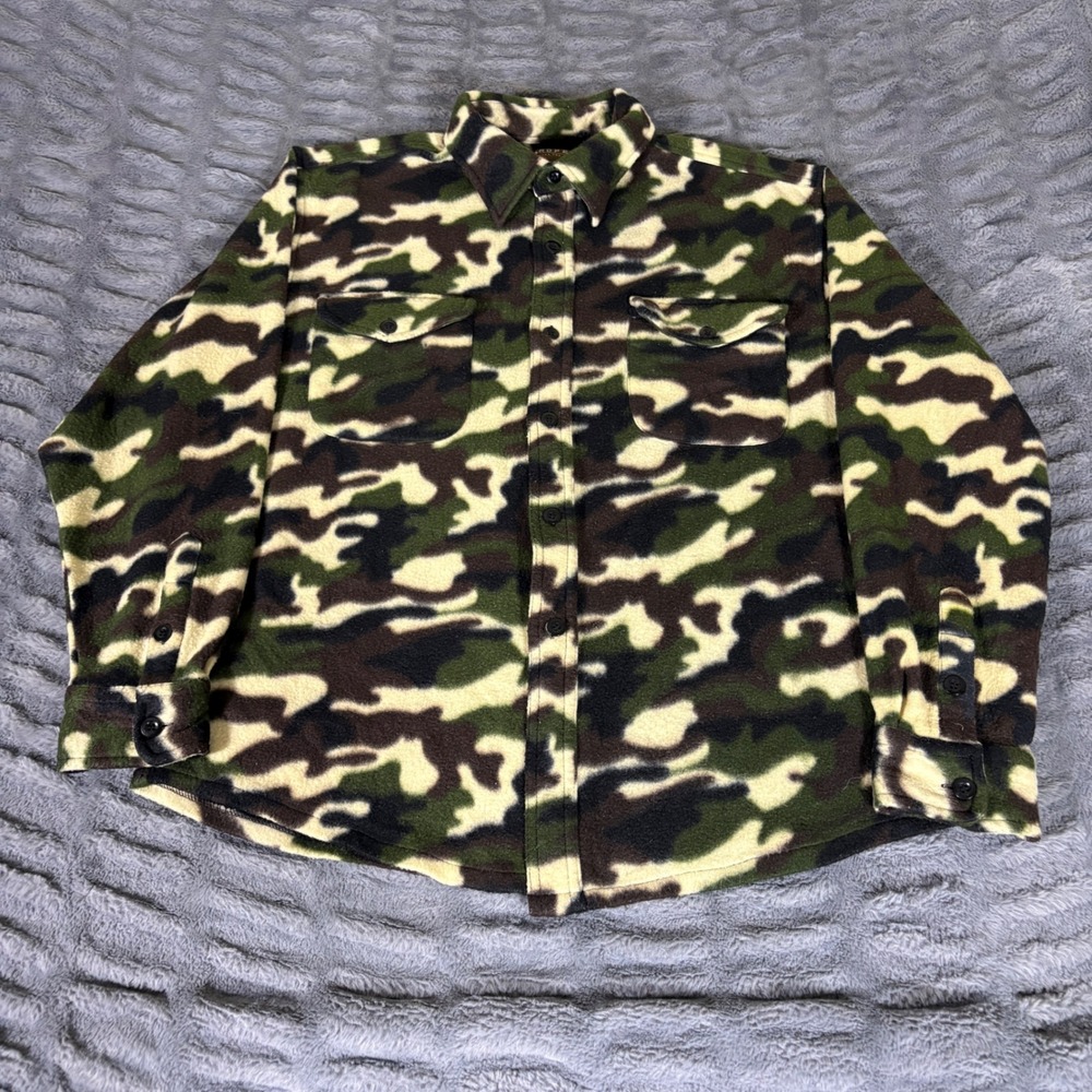 Roper Mens Camo Fleece Button Down Shirt Jacket Green Woodland Camouflage Large